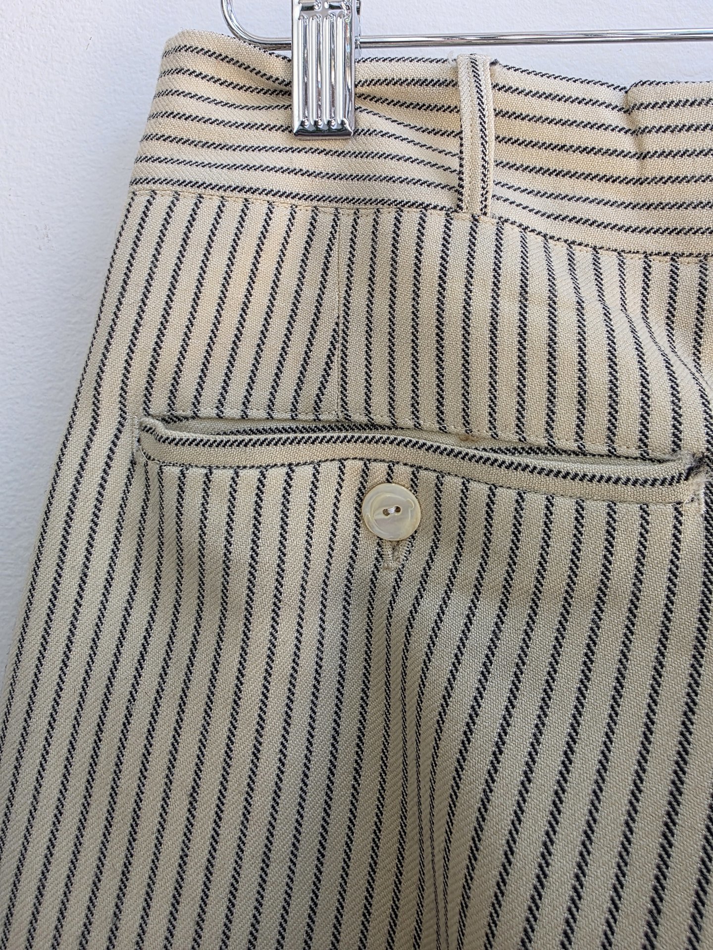 1920 pinstriped wool trouser pants with button fly, size 28 waist