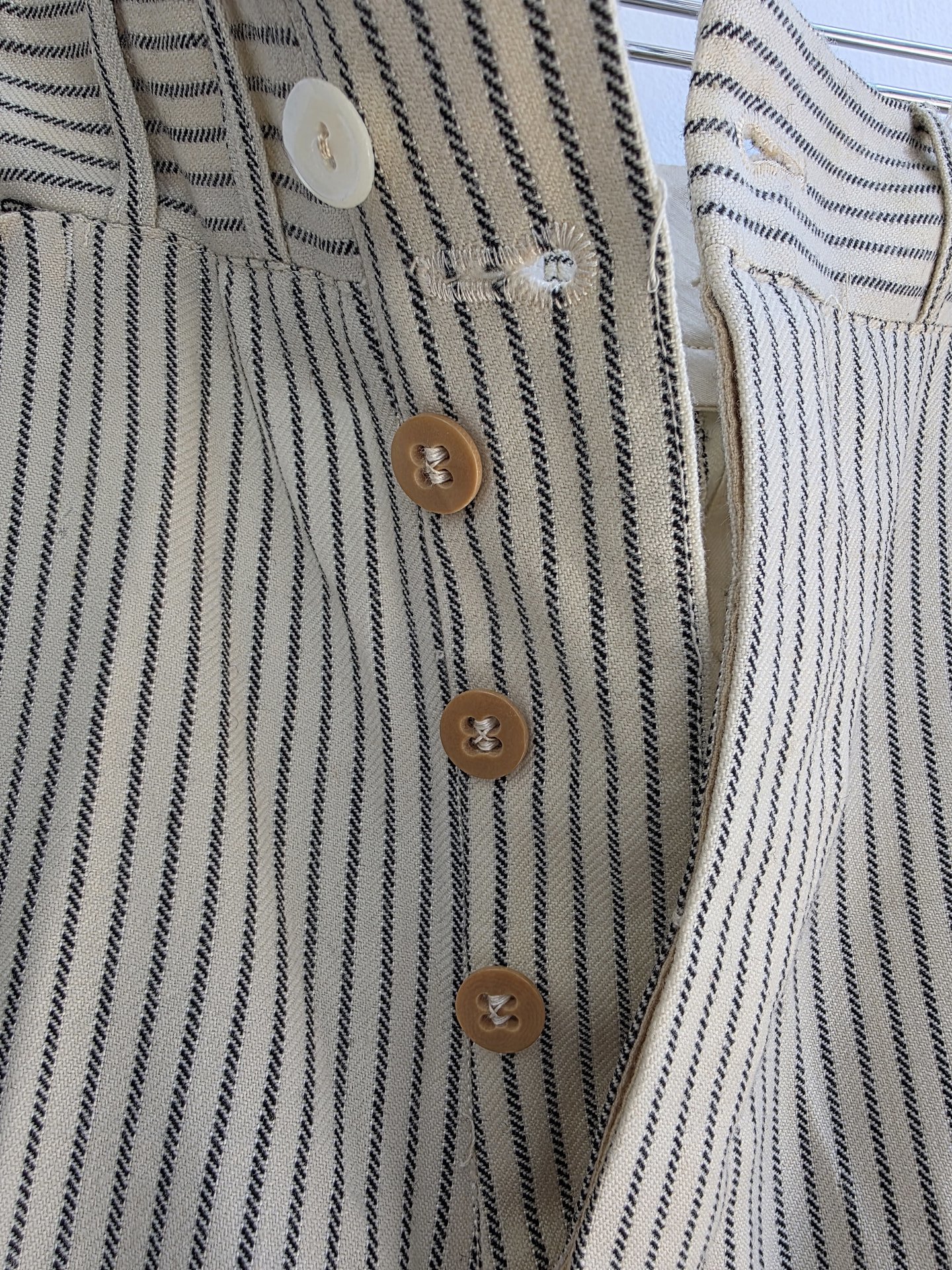 1920 pinstriped wool trouser pants with button fly, size 28 waist