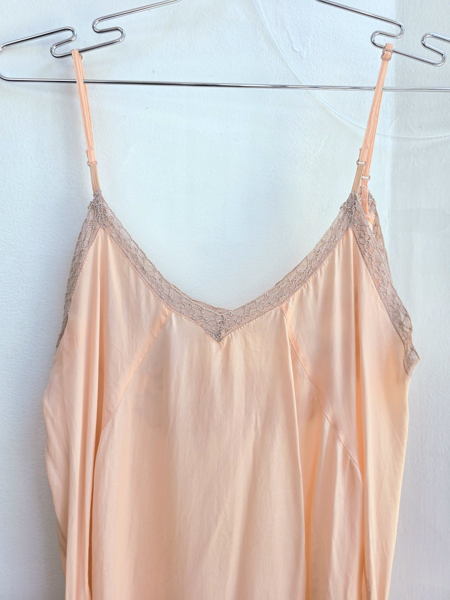1948 peach slip dress with lace trim, size medium