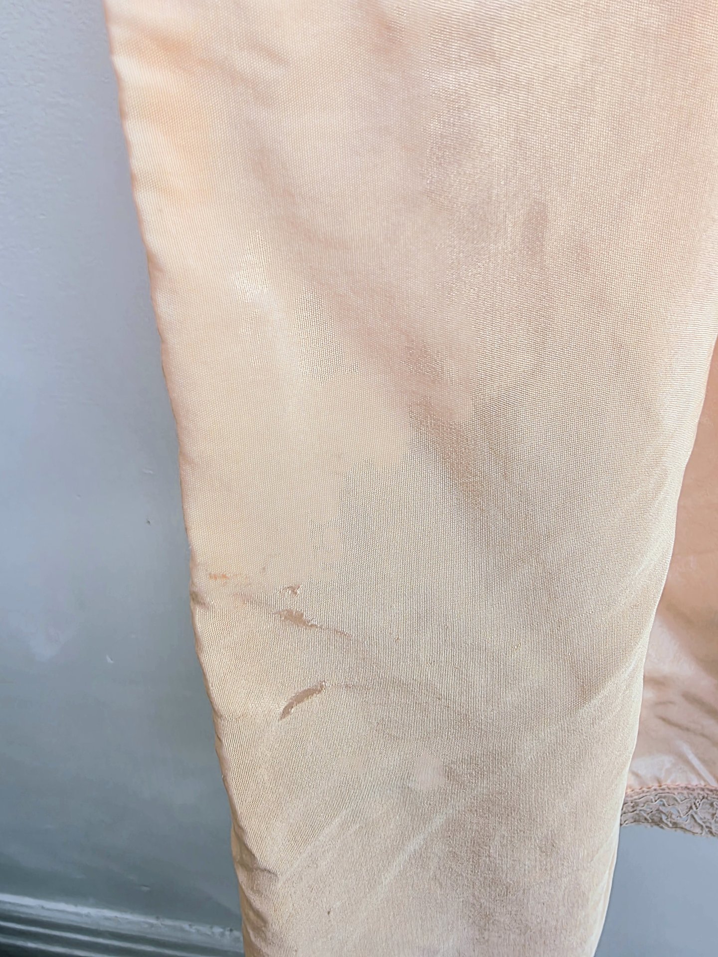 1948 peach slip dress with lace trim, size medium