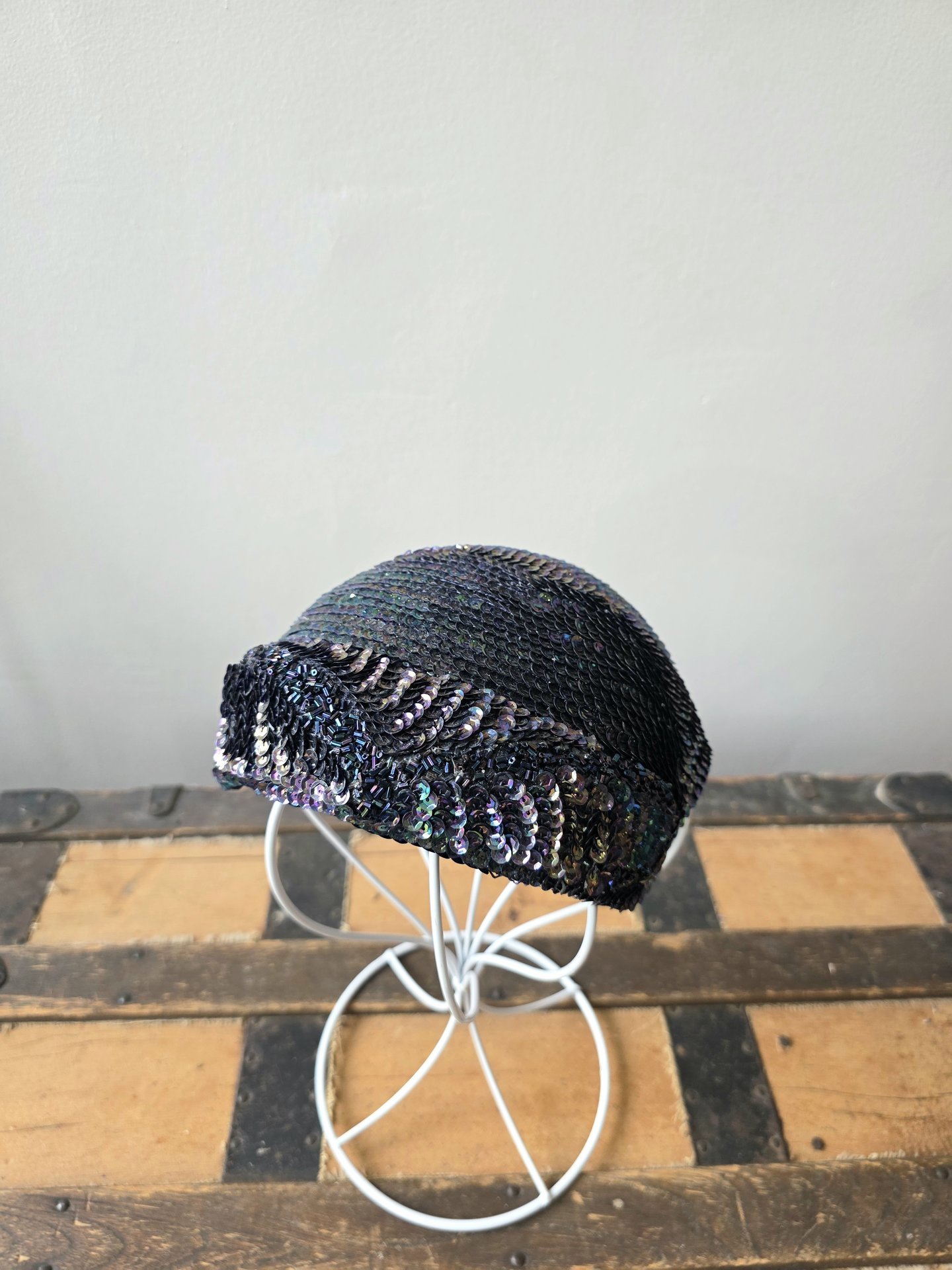 1940 Peacock blue sequined fascinator crescent hat