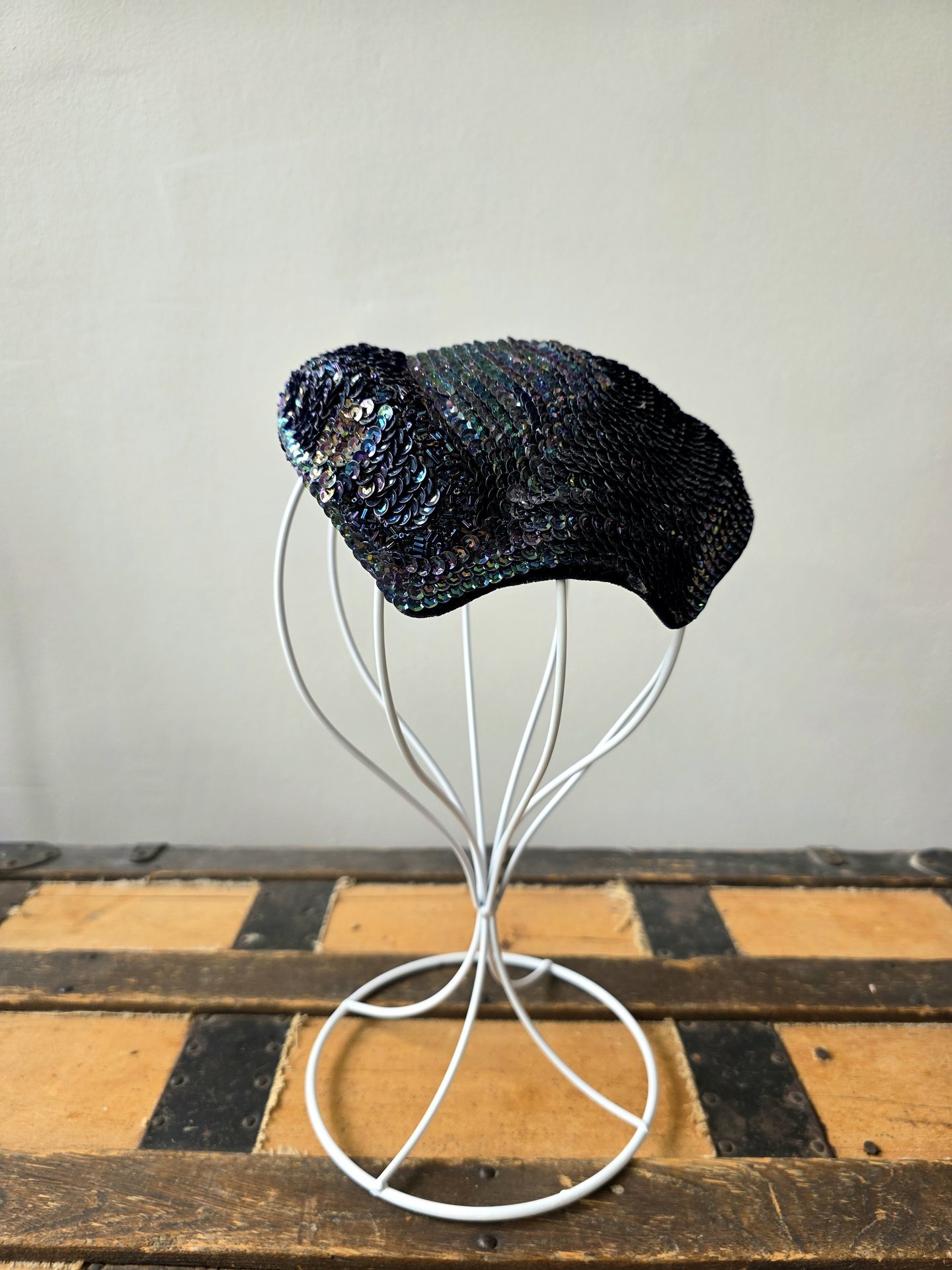 1940 Peacock blue sequined fascinator crescent hat