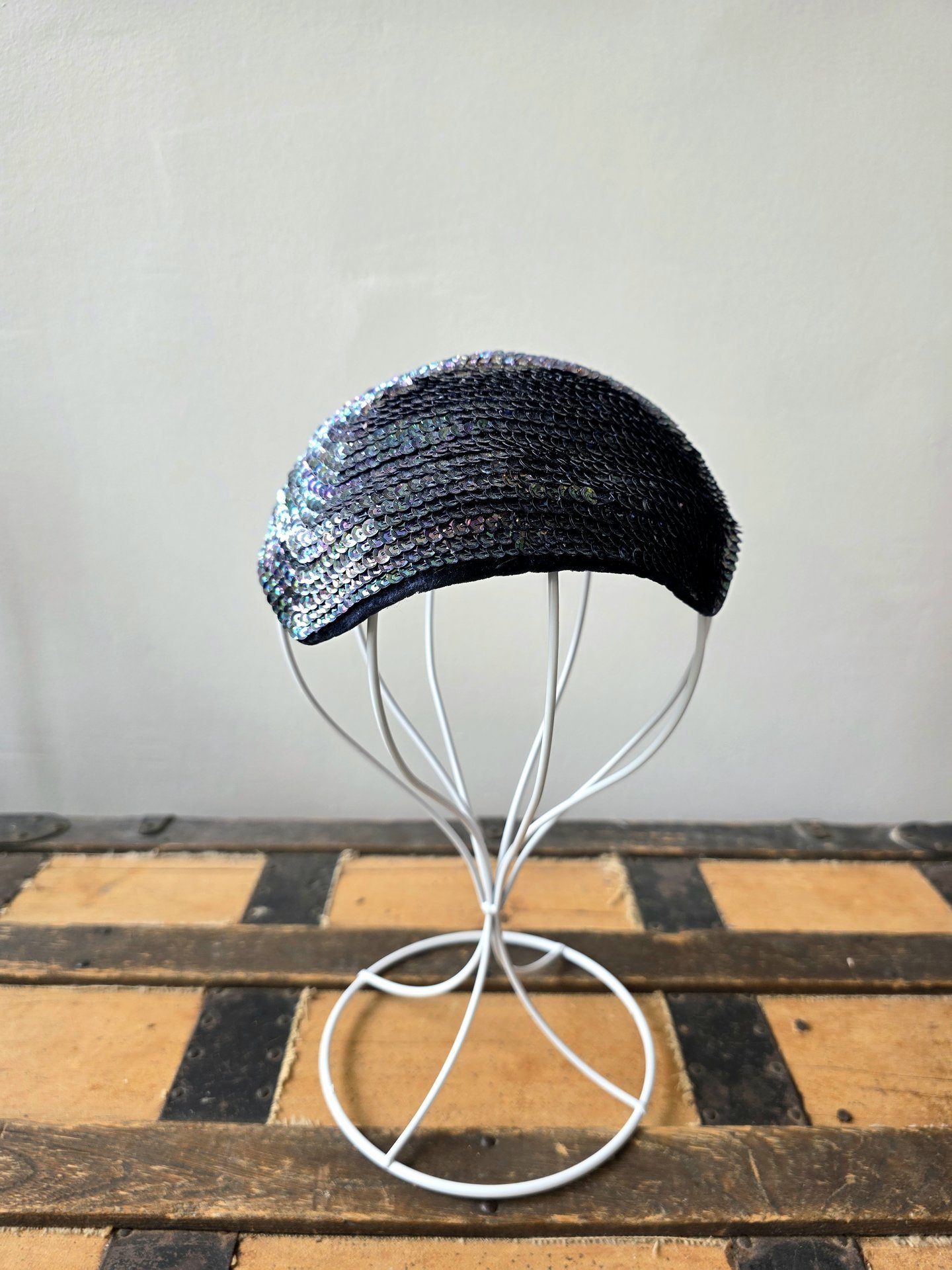 1940 Peacock blue sequined fascinator crescent hat