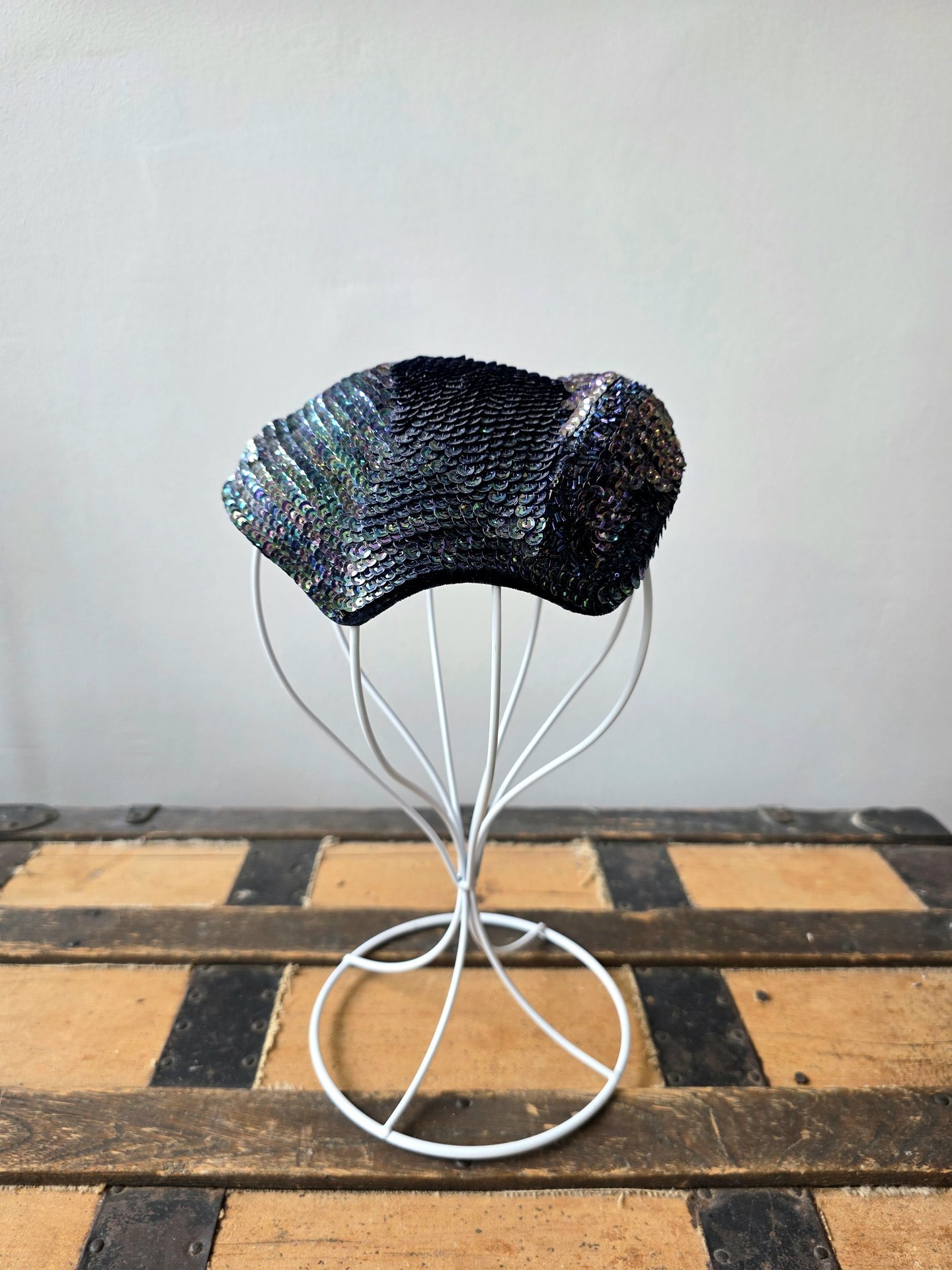 1940 Peacock blue sequined fascinator crescent hat