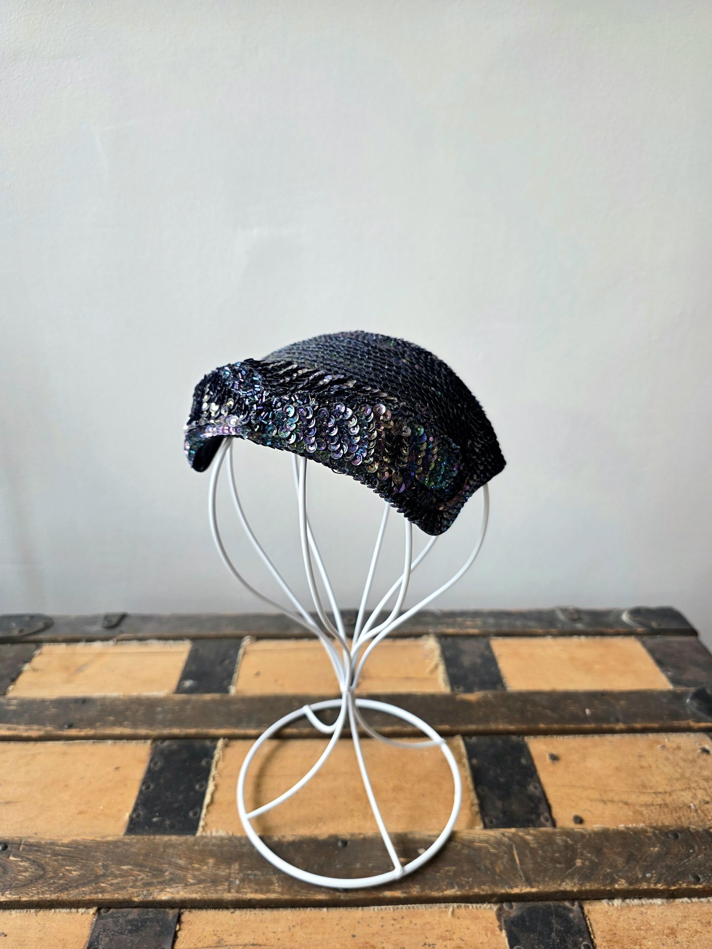 1940 Peacock blue sequined fascinator crescent hat