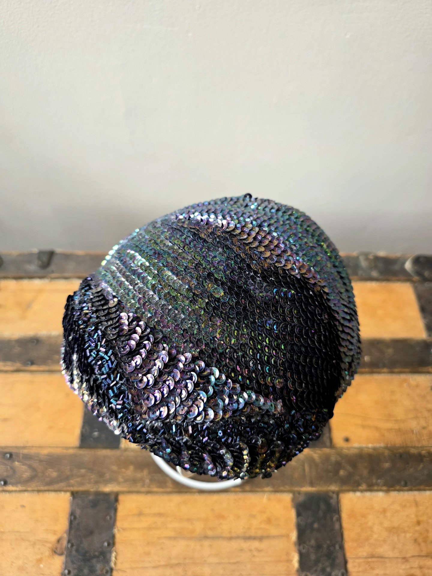 1940 Peacock blue sequined fascinator crescent hat