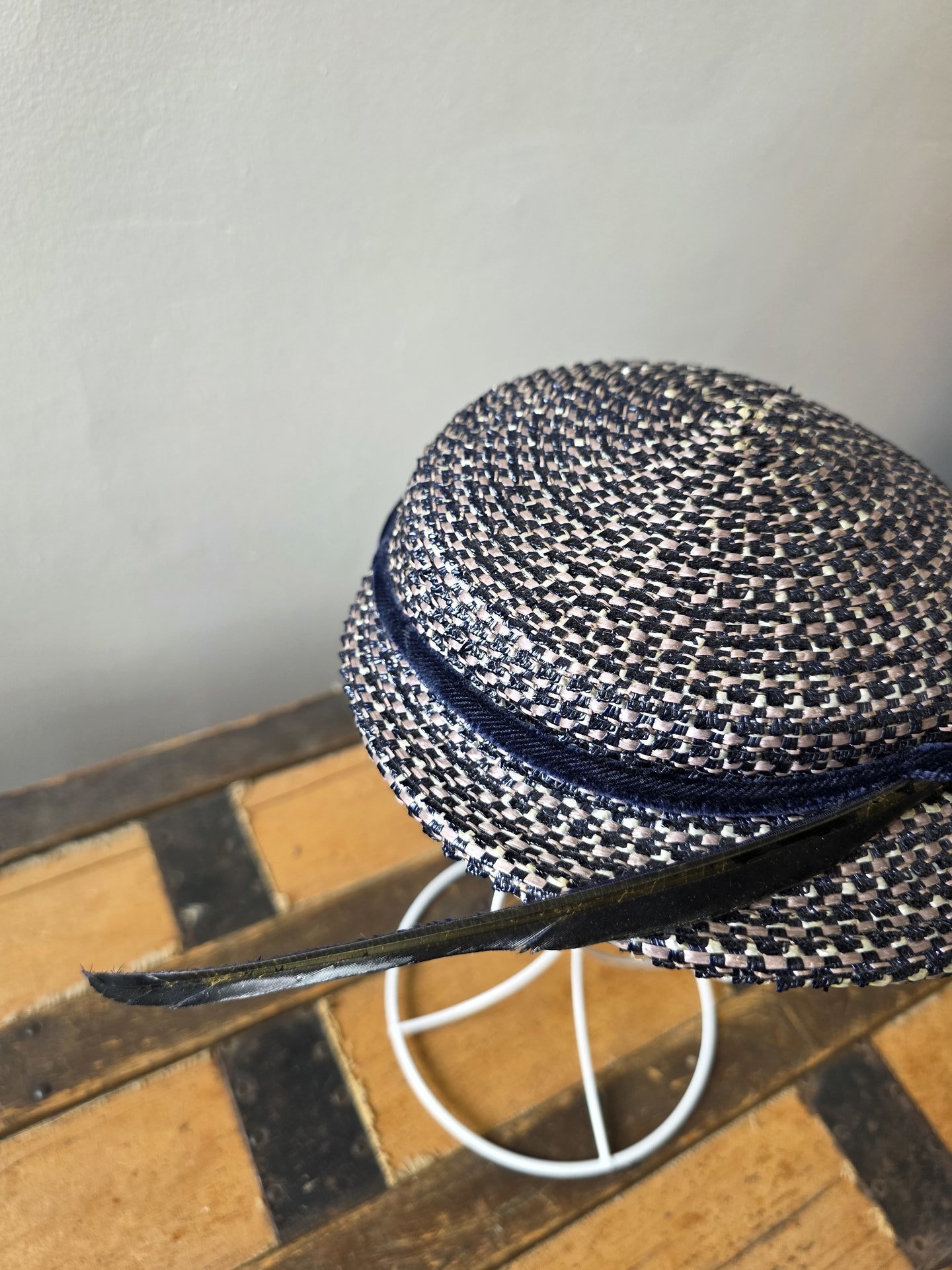 1940 Navy and white fascinator hat with feather