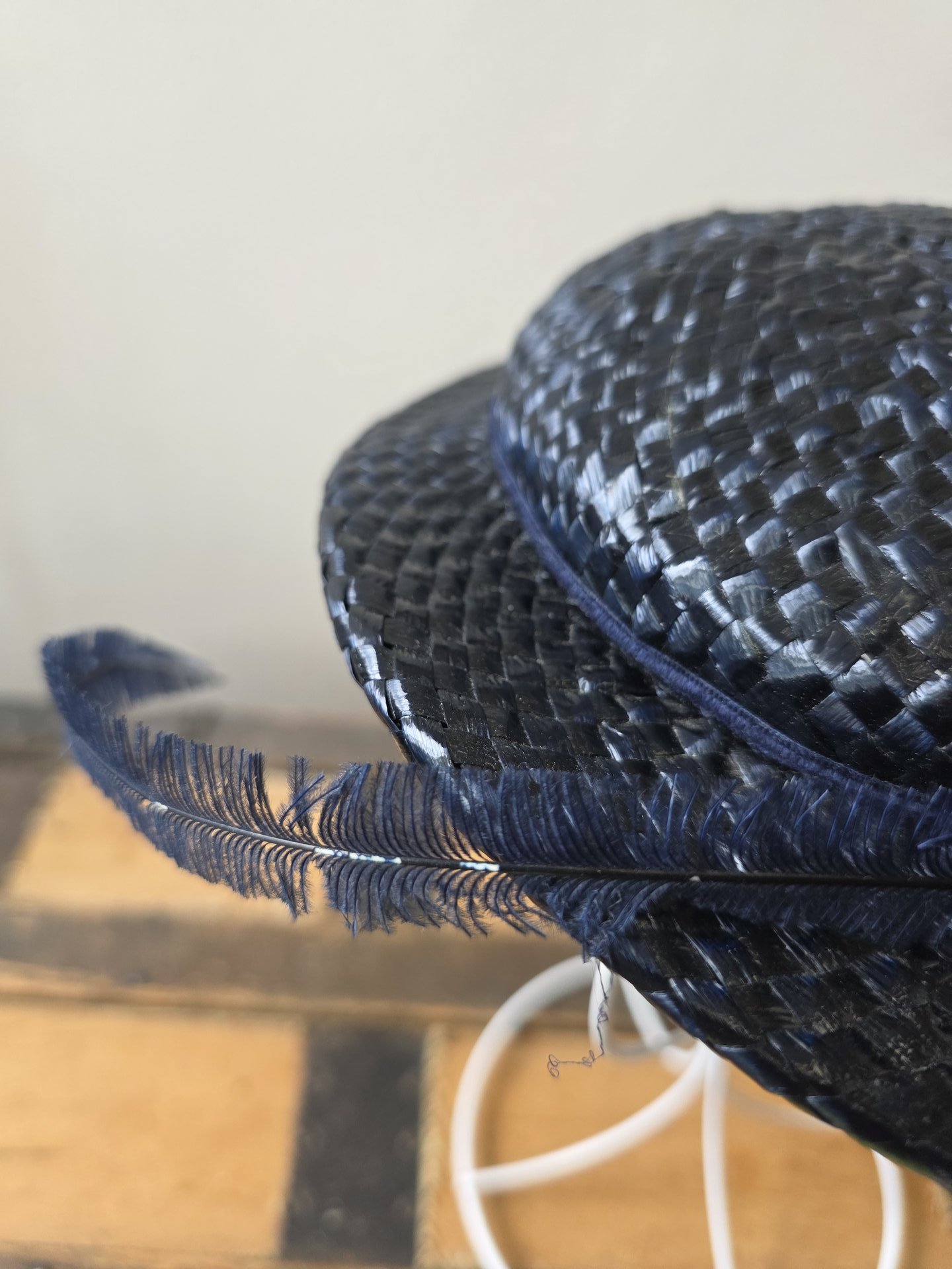 1940 dark blue navy fascinator hat with feather
