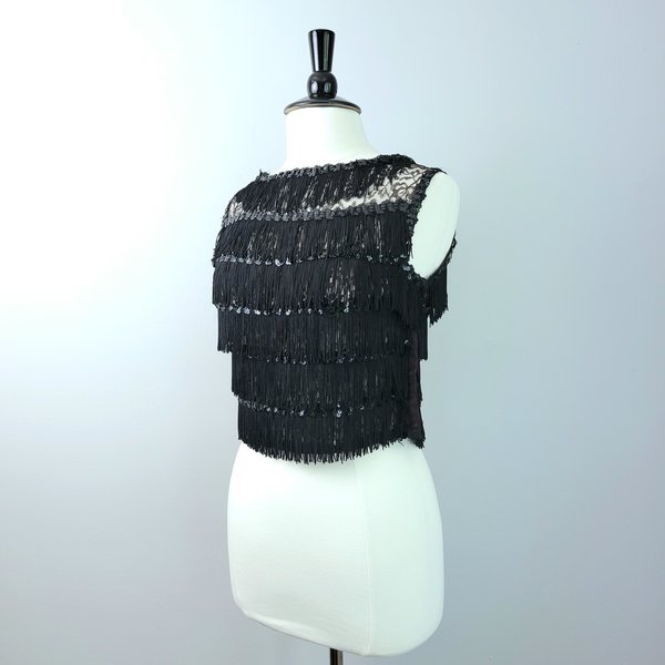 60's black fringe and lace crop top, small medium