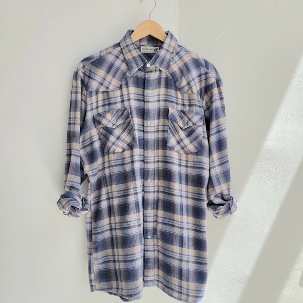 1970 Roebucks plaid flannel button up shirt with pearl snaps, size large