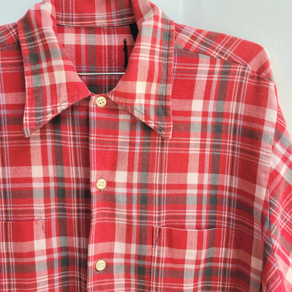 1970 red plaid button up shirt, medium