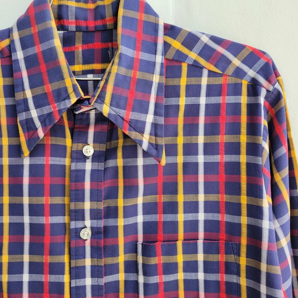 1970 blue plaid button up shirt, medium