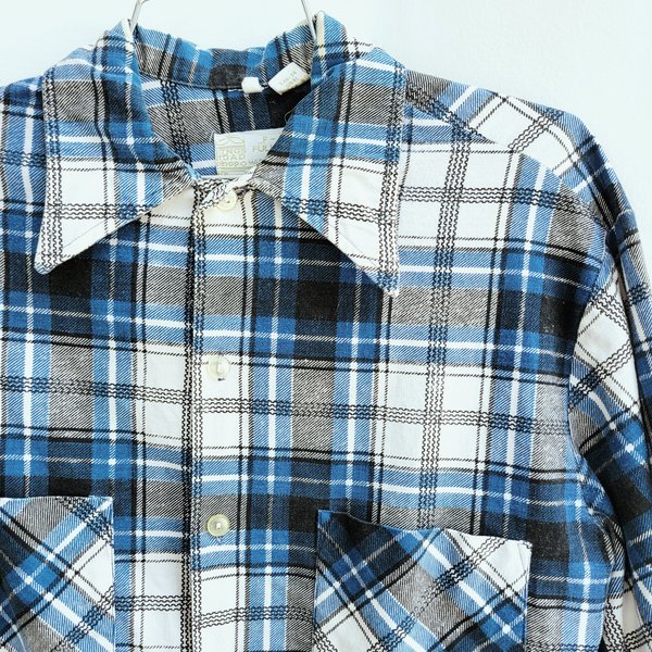 1970 Sears blue plaid button up shirt, medium