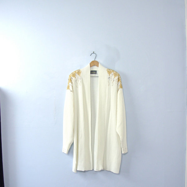 Vintage 80's winter white and gold long cardigan sweater, shoulder pads, size large / medium