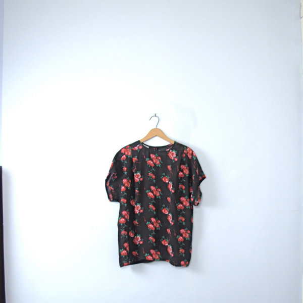Vintage 80's sheer black top with roses, sheer blouse, size 12 / large