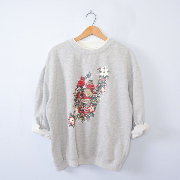 Vintage 90's cute birds Christmas sweatshirt pullover, men's size large