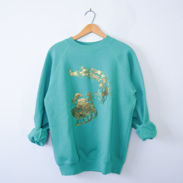 Vintage 80's cute teal Christmas sweatshirt, men's size medium