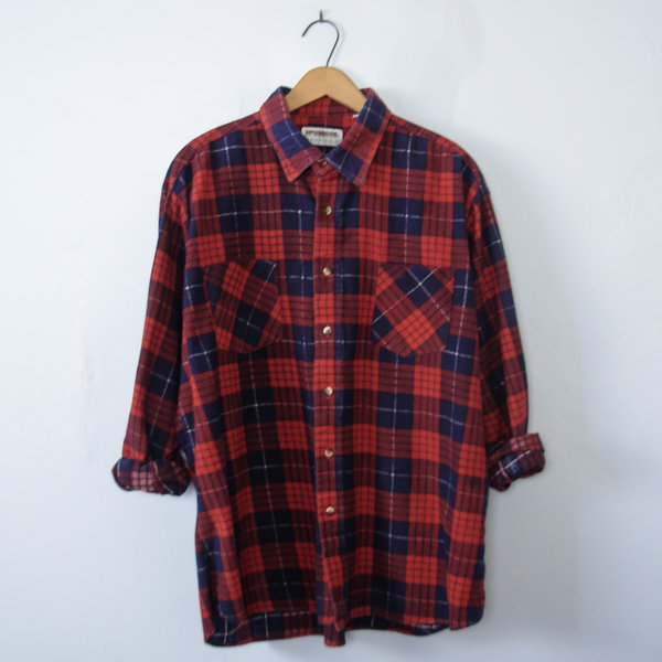 80's red plaid flannel button up shirt, men's XL
