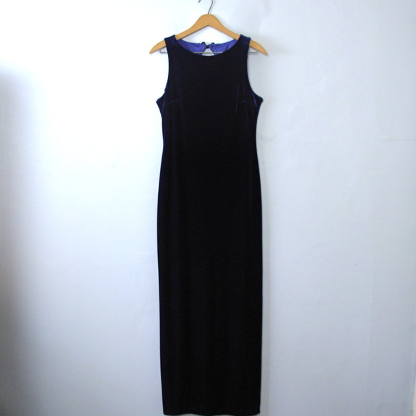 Vintage 90's sleeveless royal blue velvet floor length maxi dress, size medium