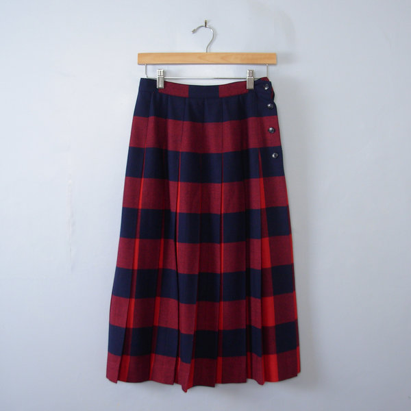 Vintage 80's red and navy plaid pleated wool midi skirt, women's size 10