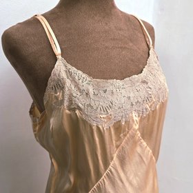 1930 pink silk satin slip dress with lace trim, size small
