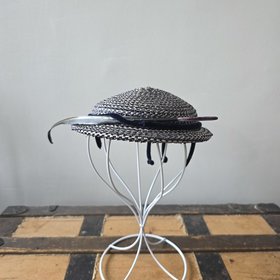 1940 Navy and white fascinator hat with feather